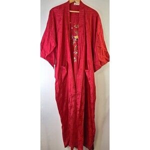 VTG Golden Bee Red Embroidered Long Kimono Robe Sz L Floral Print Oriental Comfy